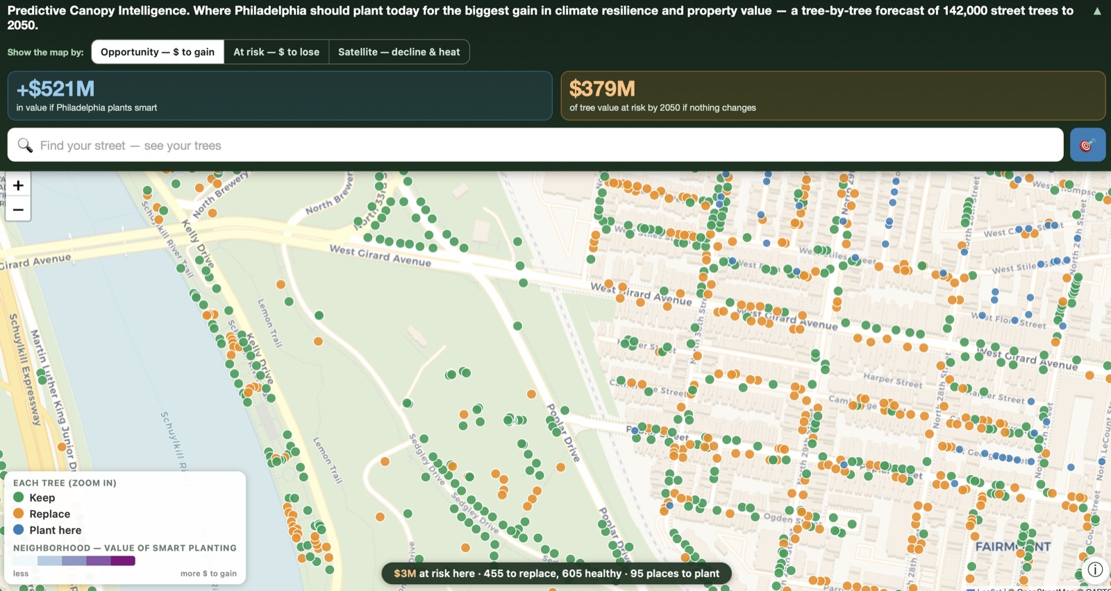 Map of Philadelphia with all ~142,000 street trees plotted, each scored for 2050 climate and pest pressure.