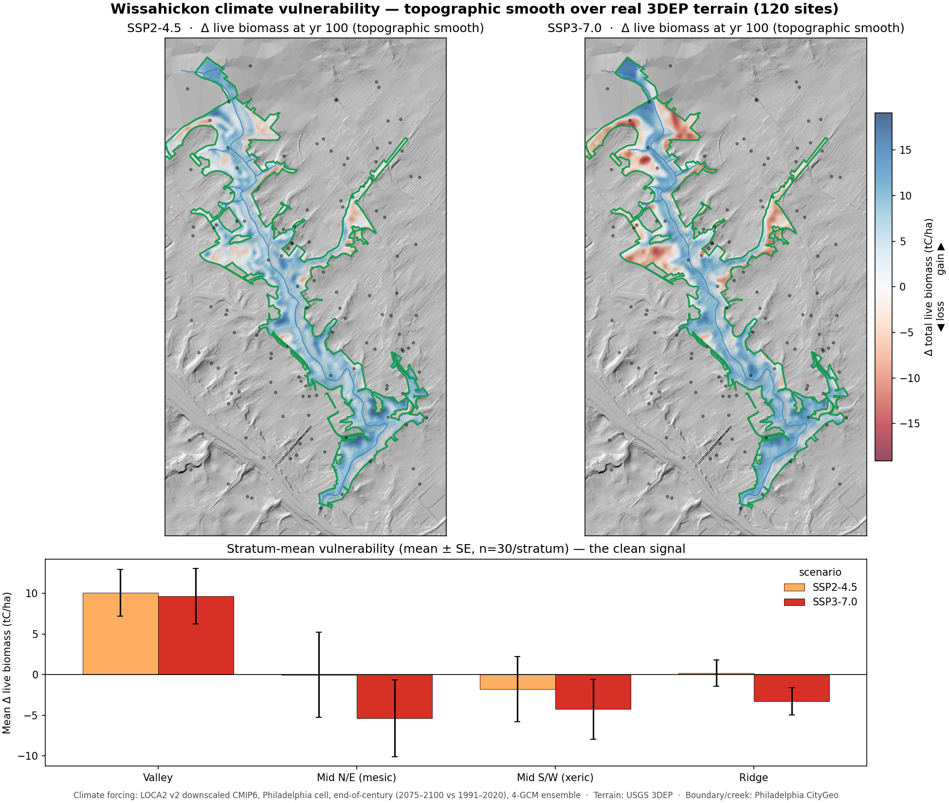Two-panel map of Wissahickon Valley Park showing projected change in live biomass at year 100 under SSP2-4.5 and SSP3-7.0, over 3DEP terrain, with a bar chart of stratum-mean vulnerability by topographic position.